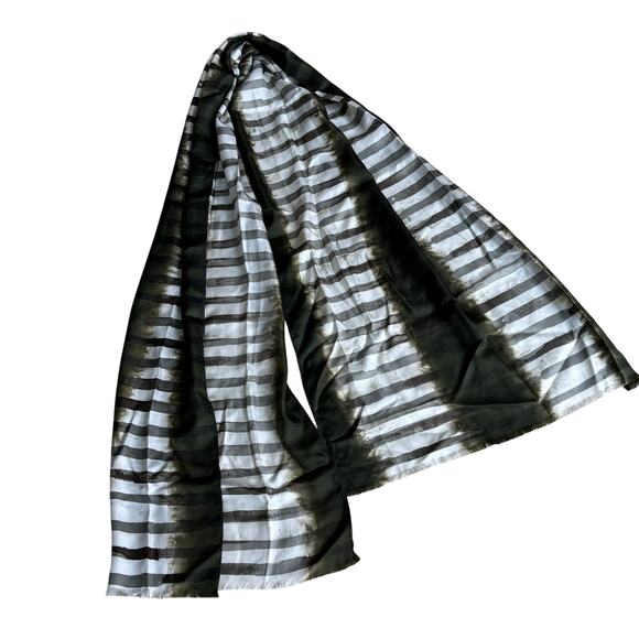 Chico’s silk scarf wrap shawl khaki green & white mod abstract stripes fringe - Picture 8 of 13